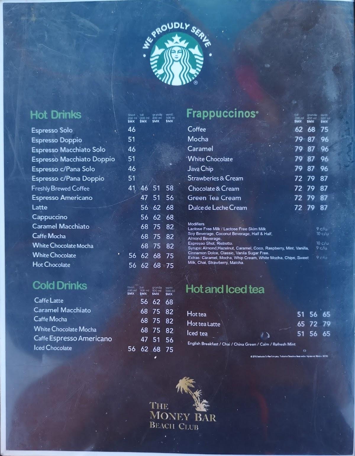 Menu at The Money Bar Beach Club, San Miguel de Cozumel