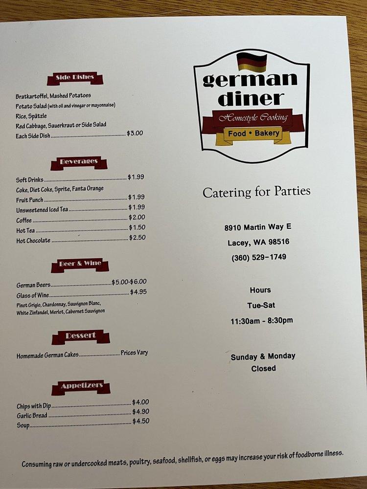 Menu at German Diner restaurant, Lacey, Martin Way E