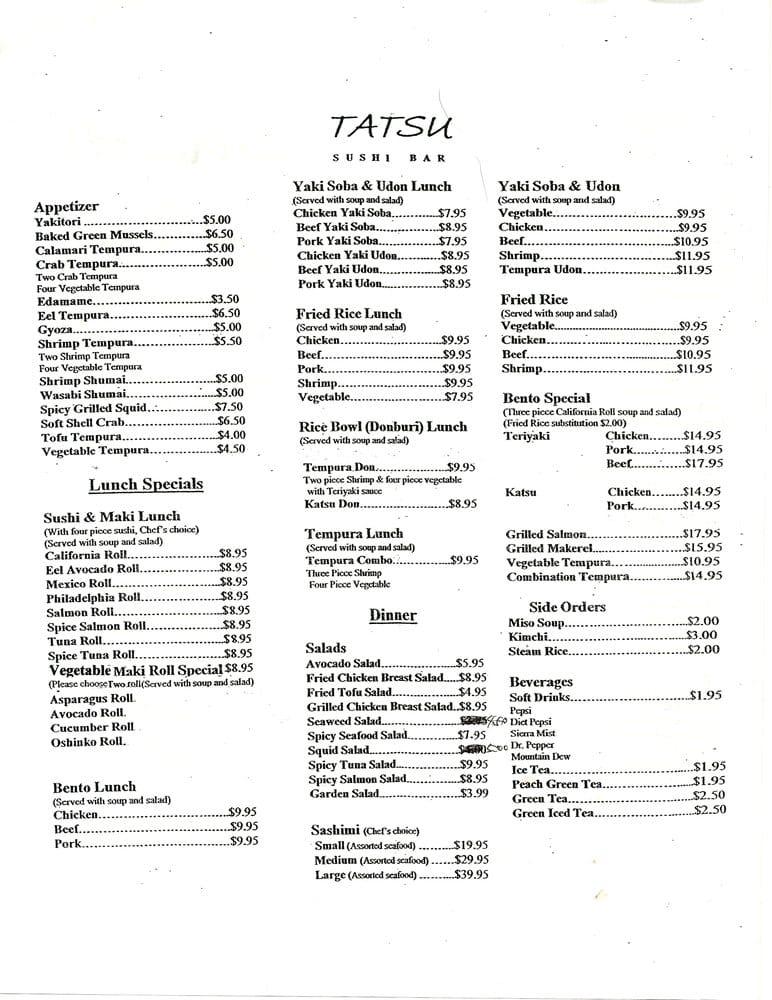 Menu at Sushi Tatsu restaurant, Fairview Heights
