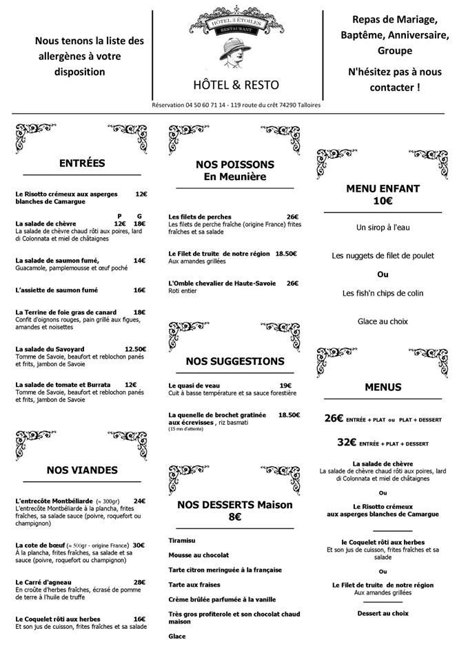 Carta de Hôtel Restaurant La Villa des Fleurs, Talloires, 119 Rte du Port