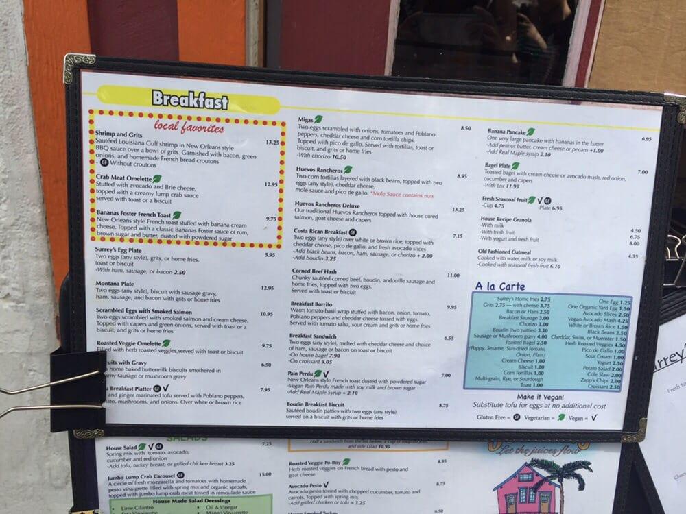 Menu at Surrey's Café & Juice Bar, New Orleans
