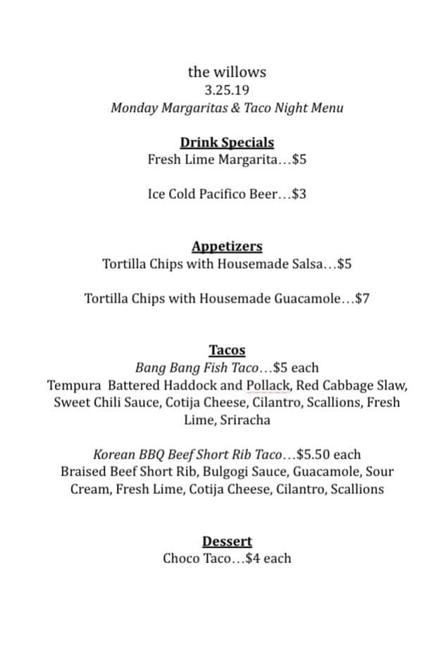 Menu at Willows of Utica restaurant, Utica