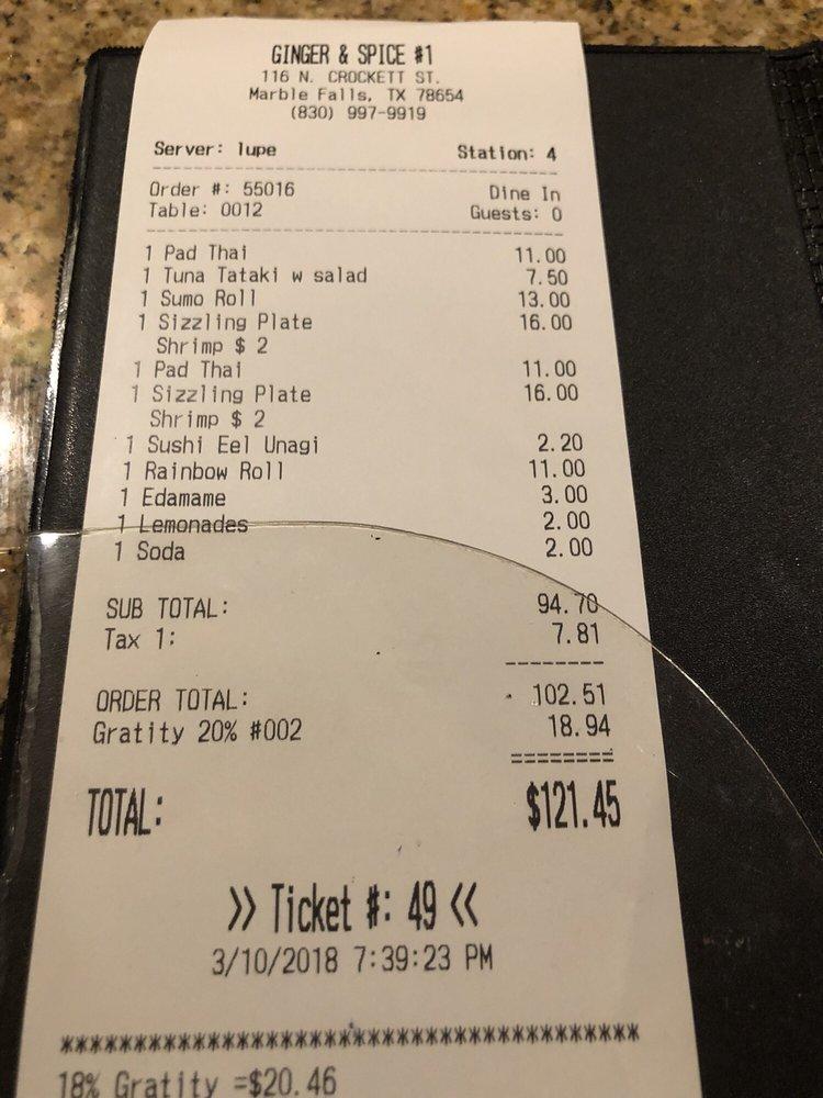 Menu at Ginger & Spice restaurant, Marble Falls