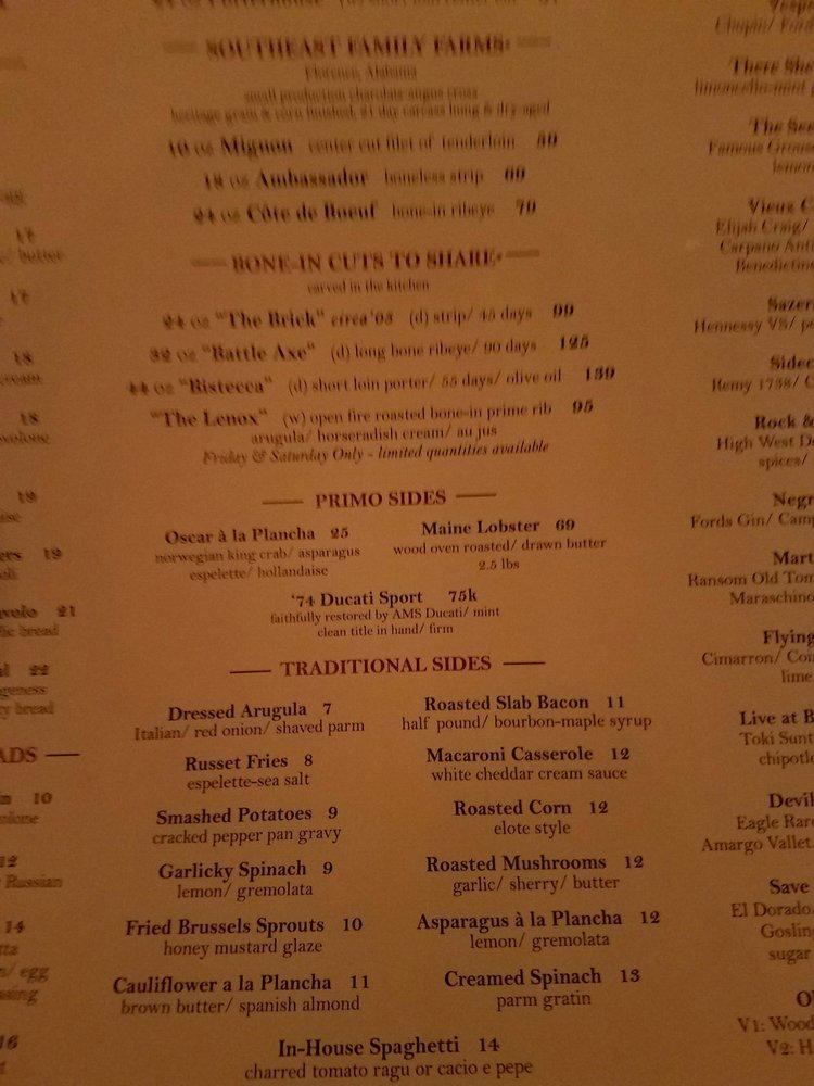 Menu at Town Hearth steakhouse, Dallas