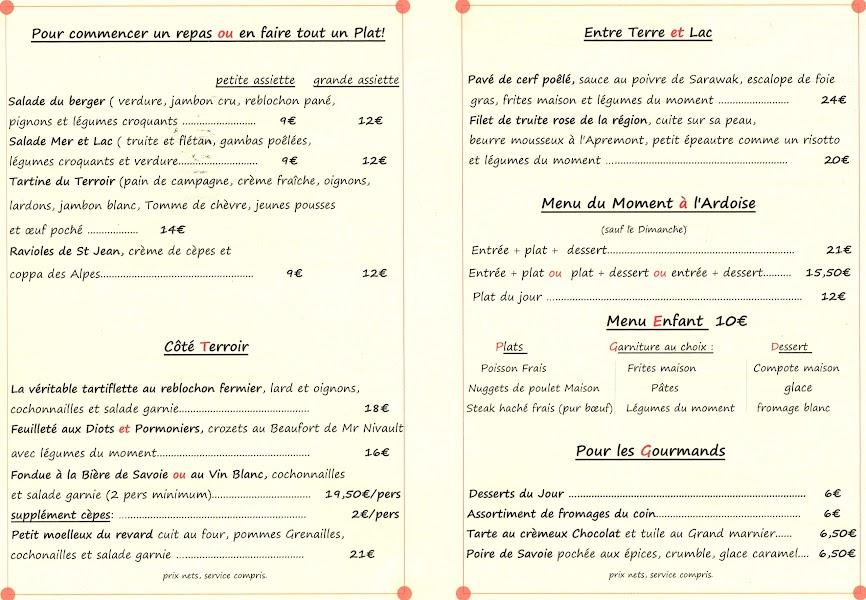 Menu au La Table Du Berger restaurant, Beaufort