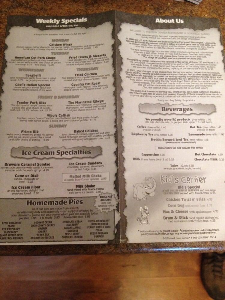 Menu at Busy Corner restaurant, Goodfield