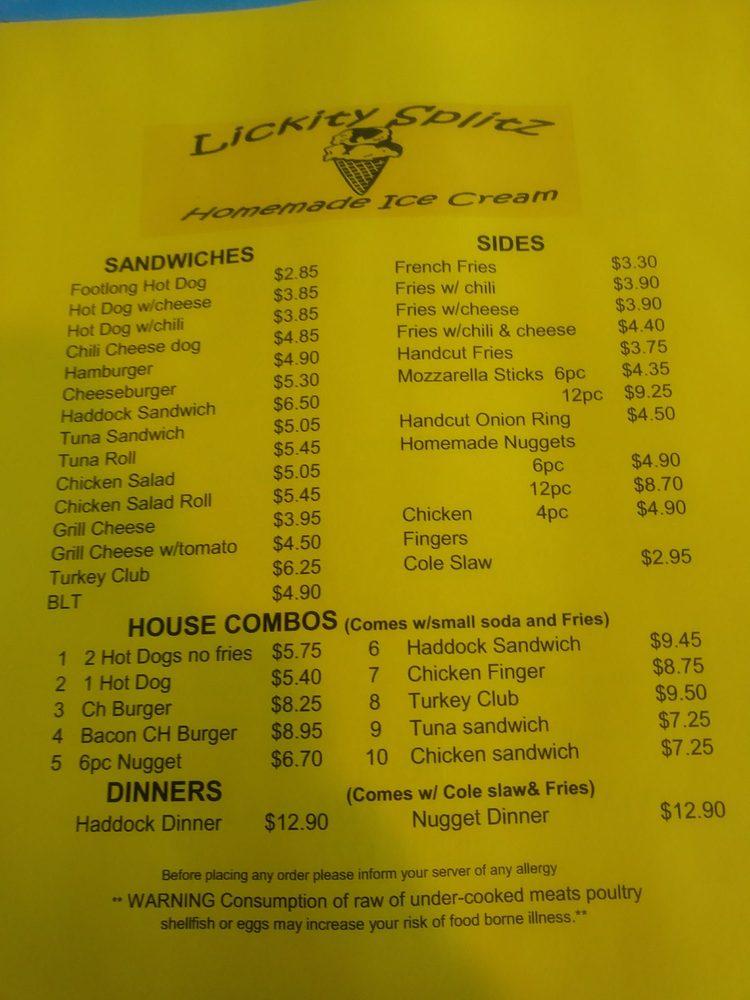 Menu at Lickity Splitz restaurant, Winchendon