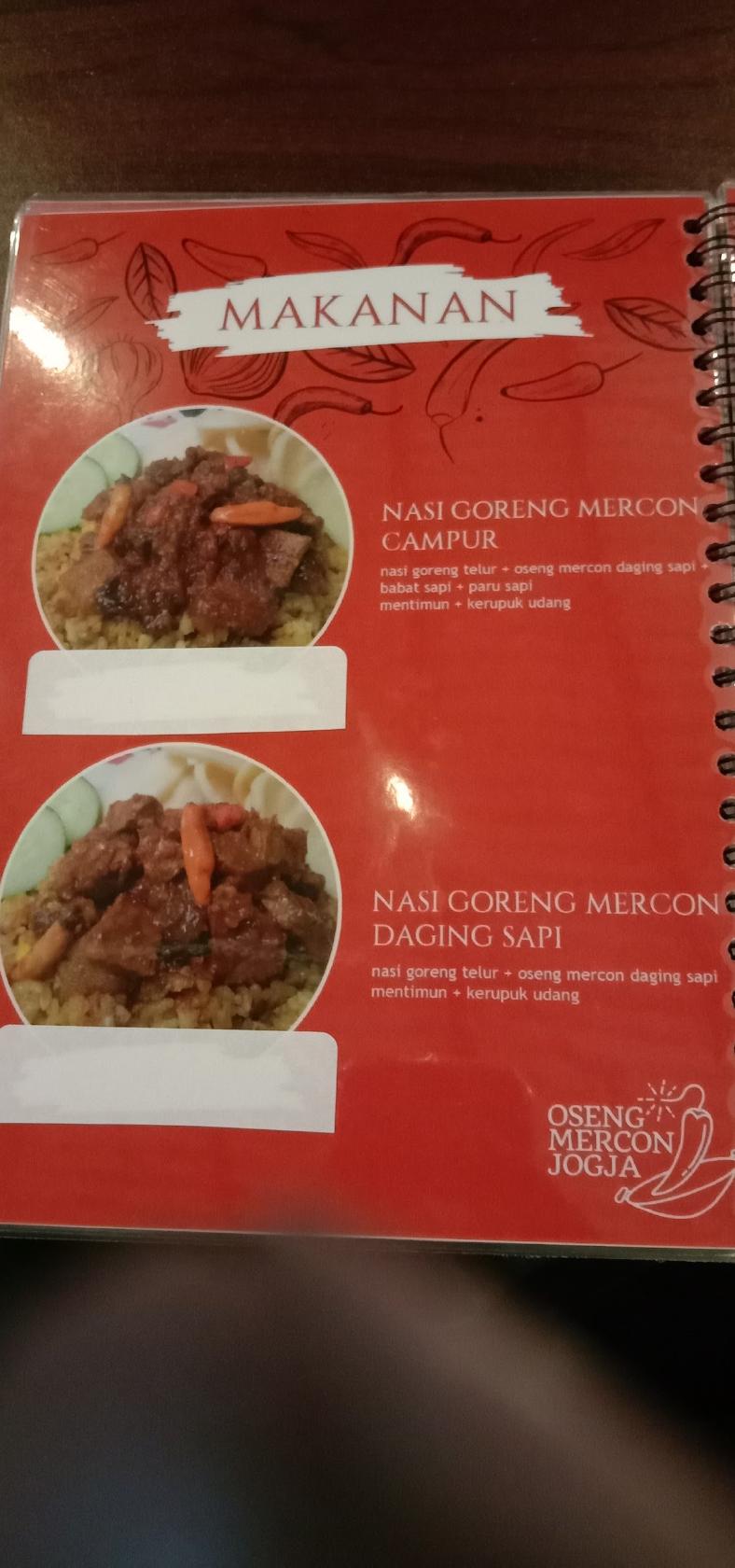 Menu at Oseng Mercon Jogja restaurant, Malang