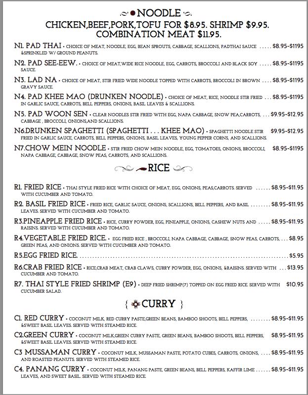 Menu at Thai Noodle Place restaurant, Fort Walton Beach