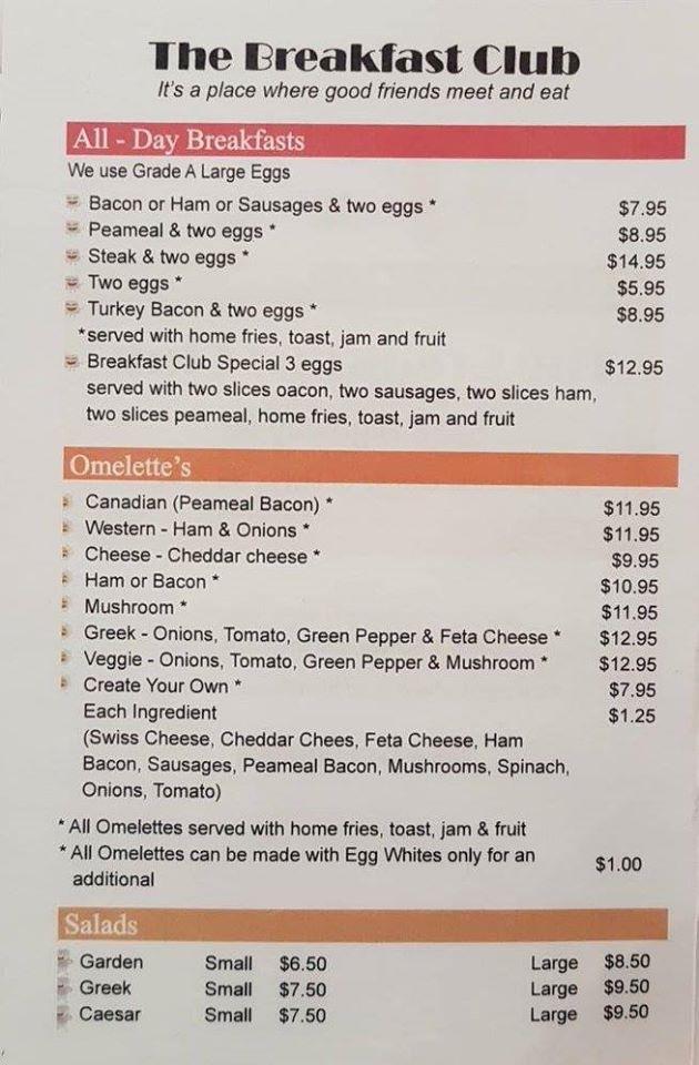 Menu at The Breakfast Club, Schomberg, ON9