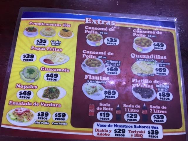 Carta del restaurante Rey del Pollo, Tijuana