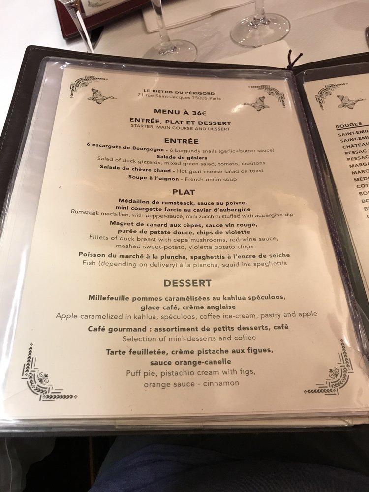 Menu at Le Bistrot Du Perigord restaurant, Paris