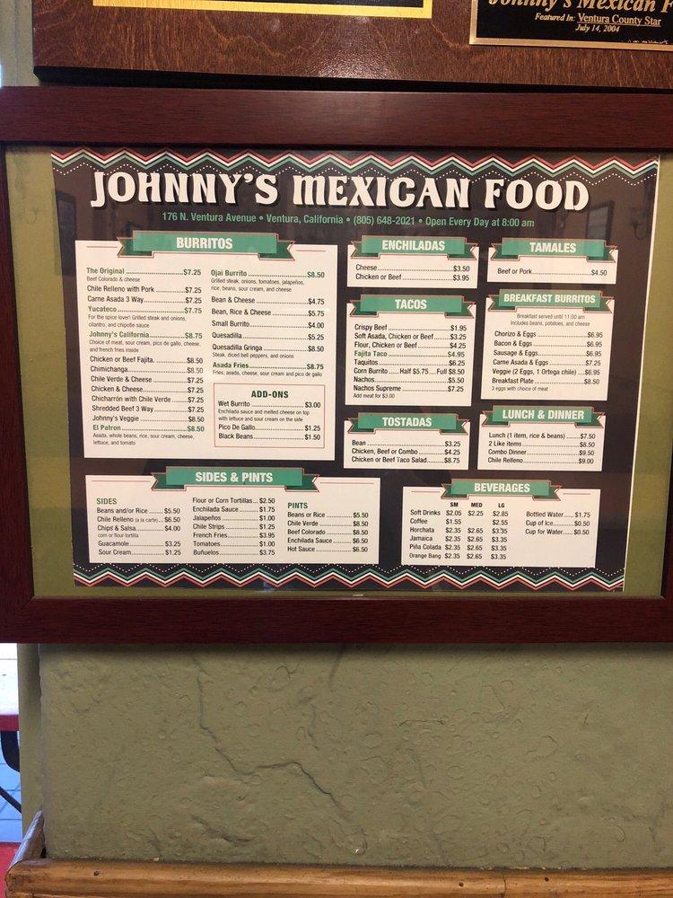 Menu at Johnny's Mexican Food restaurant, Ventura