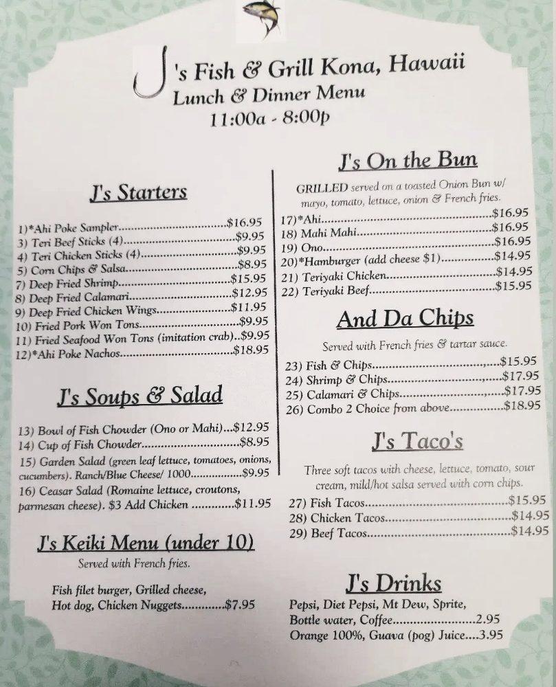 Menu at J's Fish & Grill Kona,Hawaii restaurant, KailuaKona