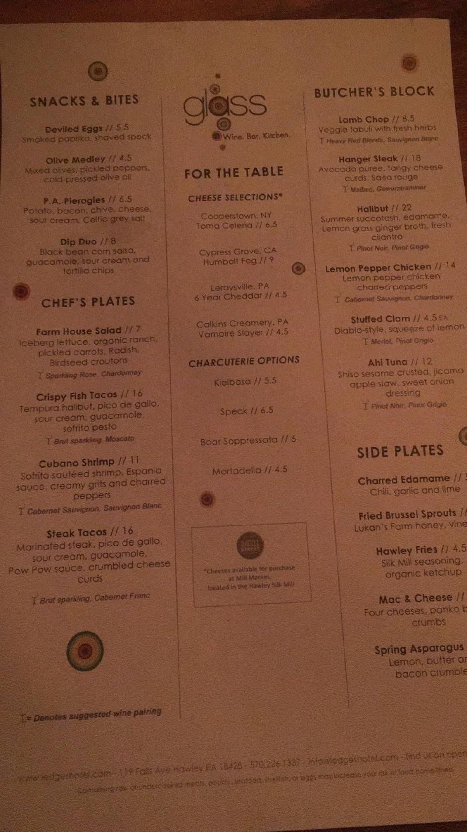 Menu at glass wine. bar. kitchen, Hawley
