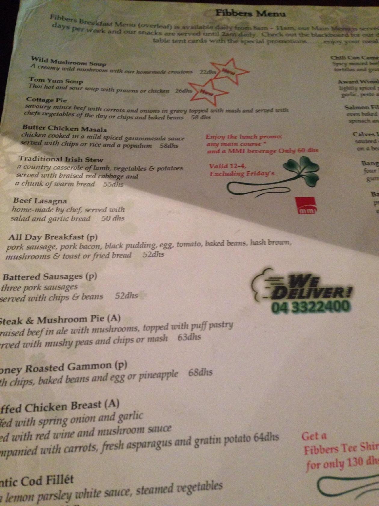 Menu at Fibber Magee’s pub & bar, Dubai, Saeed Tower 1 Sheikh Zayed Rd
