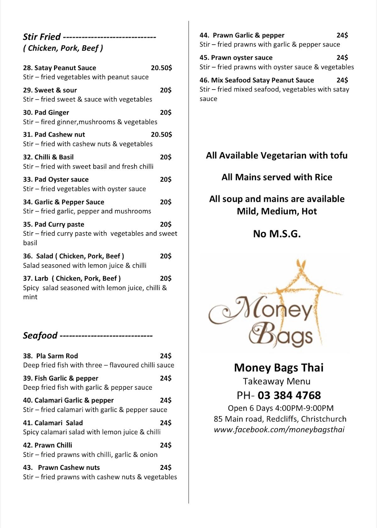 Carta del restaurante Money Bags Thai Takeaway, Christchurch