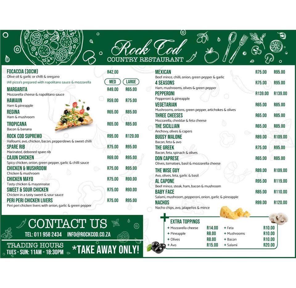 Menu at Rock Cod Country Restaurant, Randburg