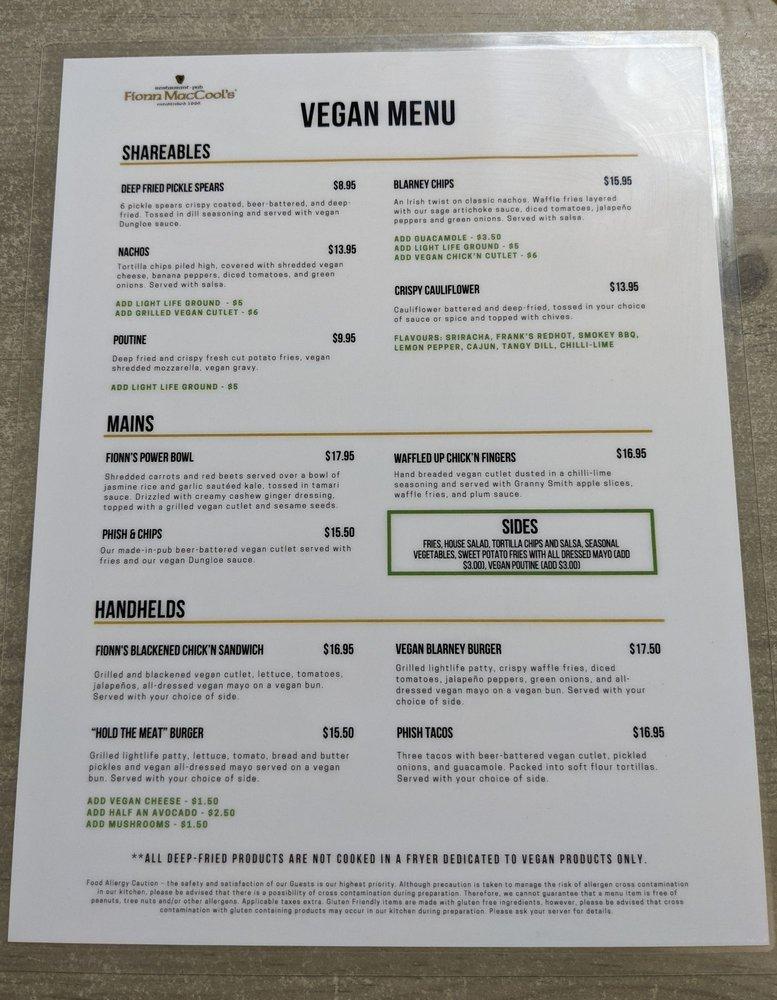 Menu at Fionn MacCool's pub & bar, Oshawa