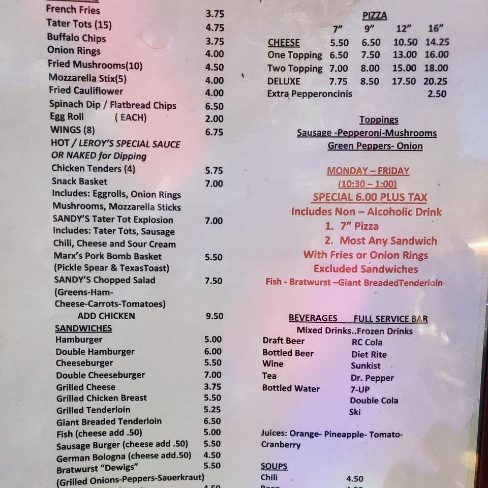 Menu at Leroy's Tavern pub & bar, Evansville