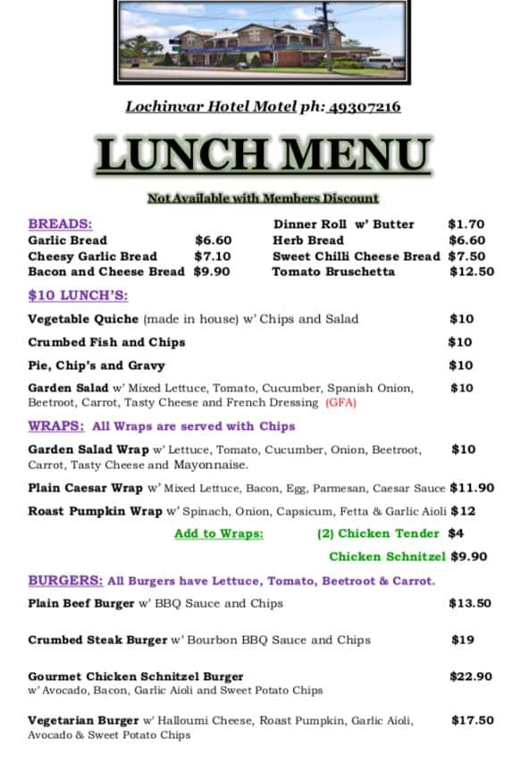 Menu at Lochinvar Hotel pub & bar, Lochinvar