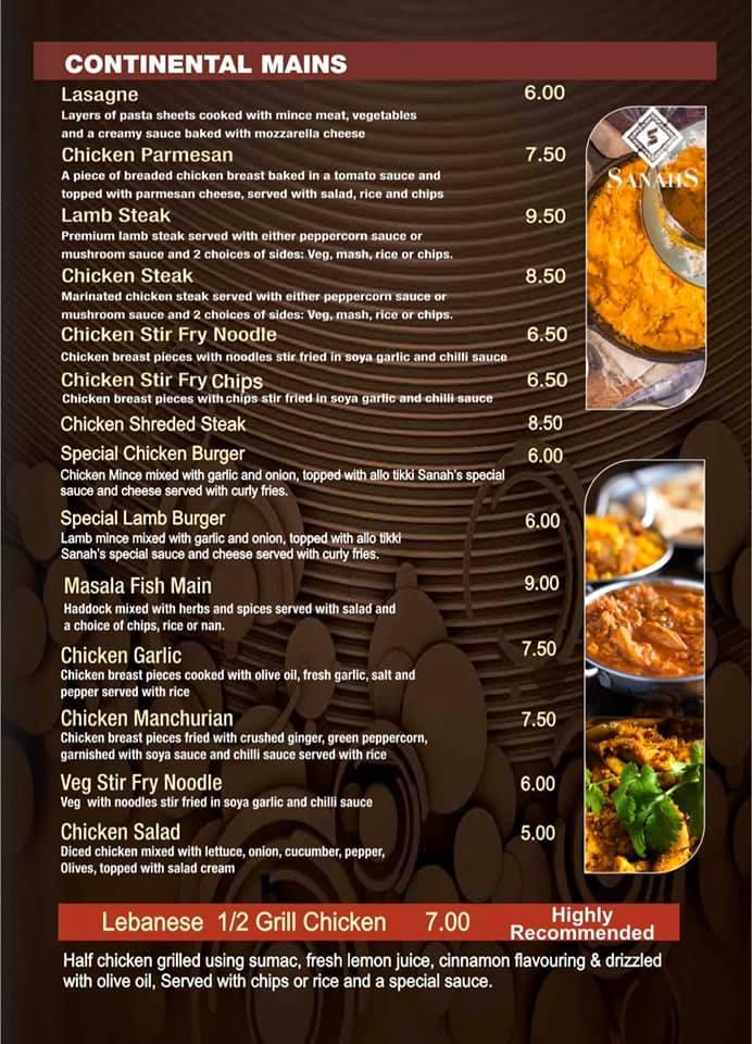 Menu at Sanah's Indian & Continental Cuisine restaurant, Oldham