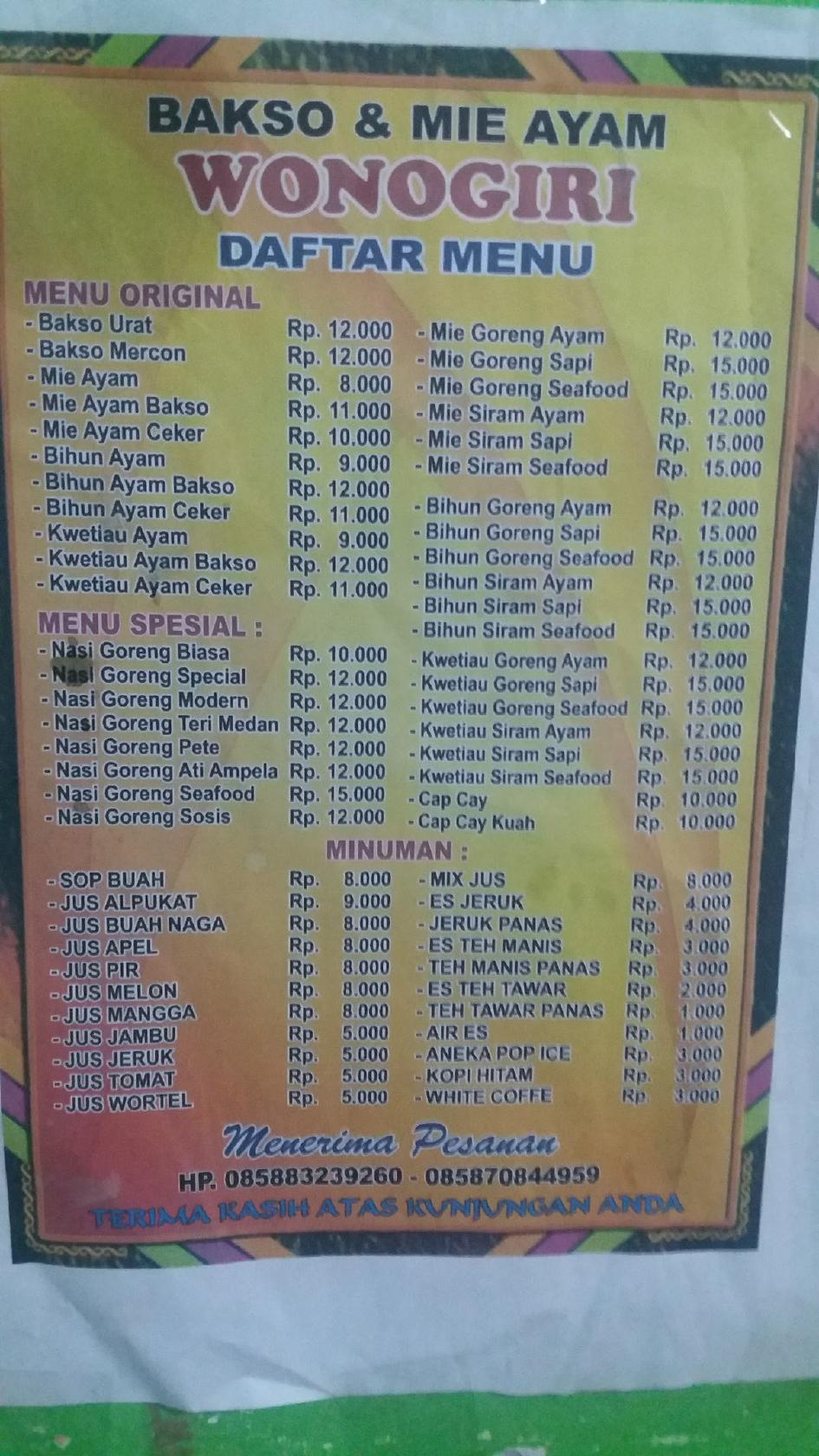 Menu At Bakso Wonogiri Restaurant Klapagading Kulon