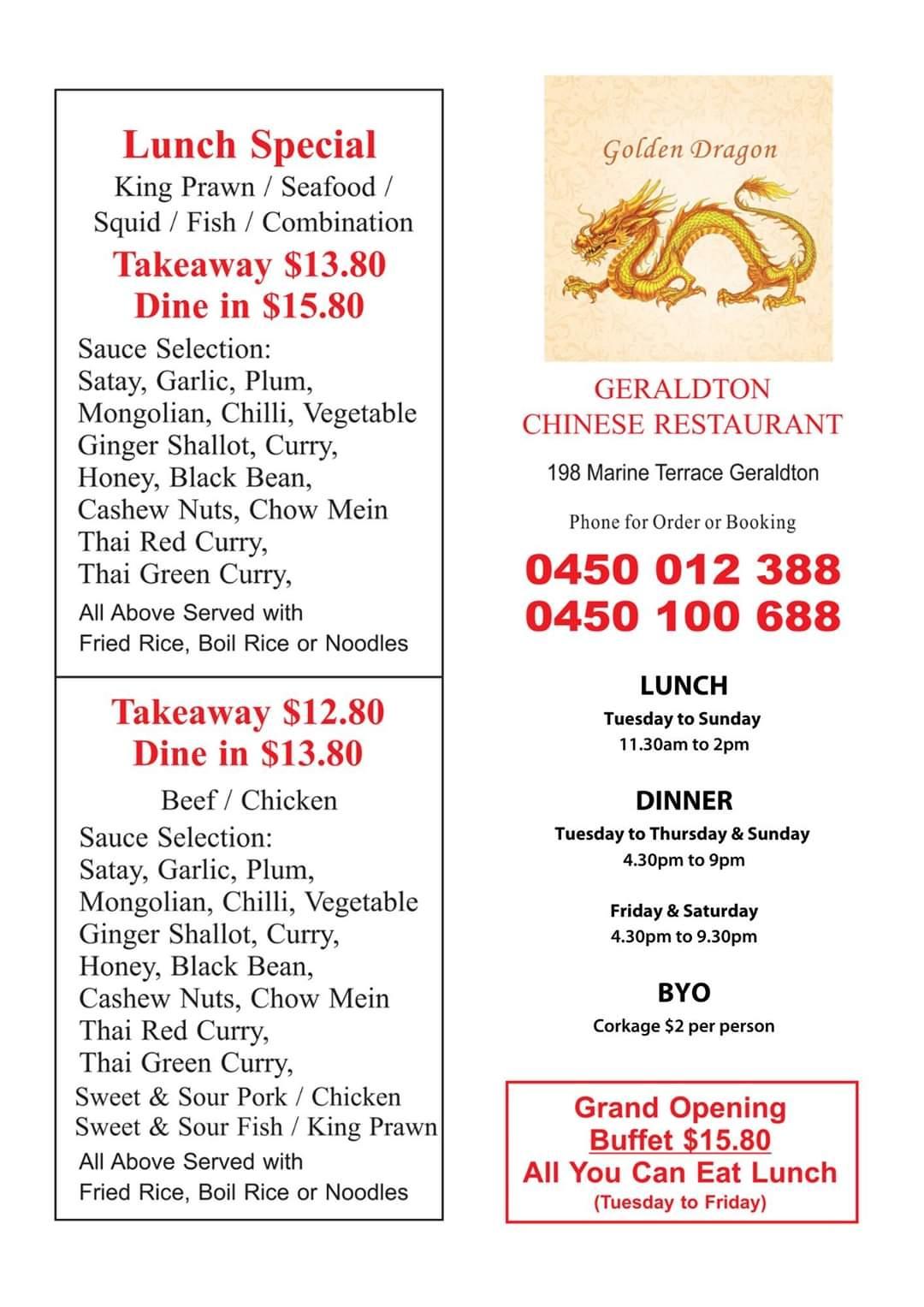 Menu at Golden Dragon Geraldton Chinese Restaurant, Geraldton