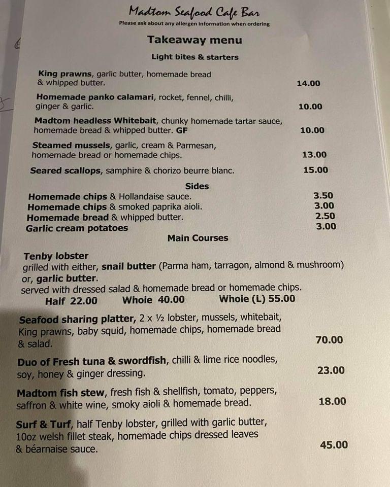 Menu at Madtom Land & Sea restaurant, Narberth
