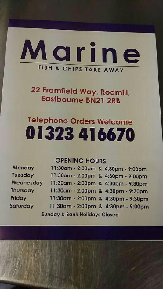 Menu at Marine Fish And Chips restaurant, Eastbourne