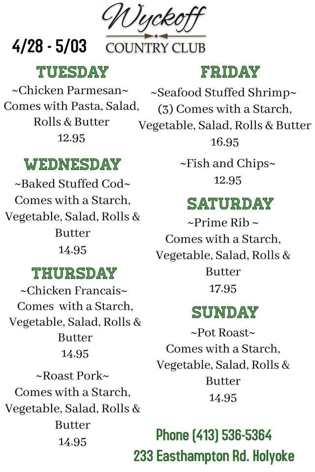 Menu at Wyckoff Country Club, Holyoke
