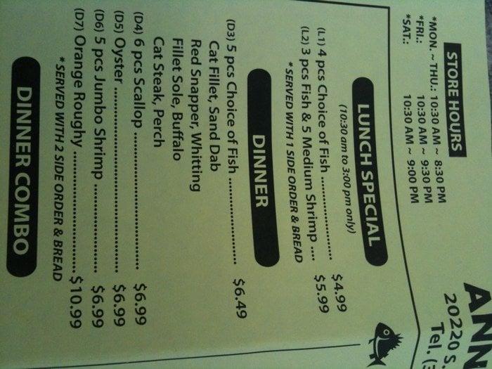 Menu at Ann's Fish Market restaurant, Carson