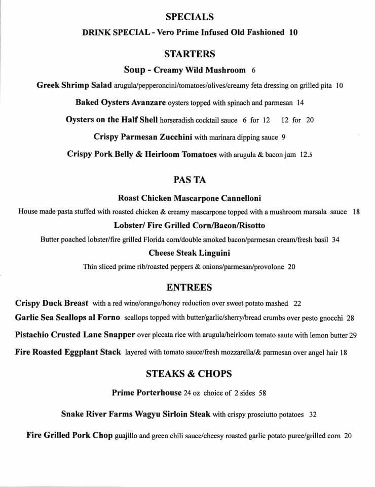 Menu at Vero Prime steakhouse, Vero Beach, 14th Ave