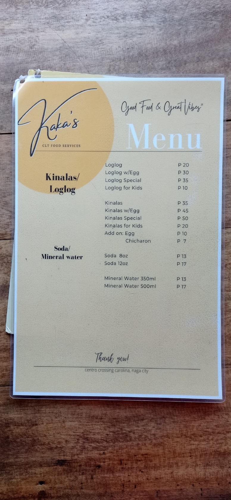 Menu at Kaka's CLT Food Services cafe, Naga