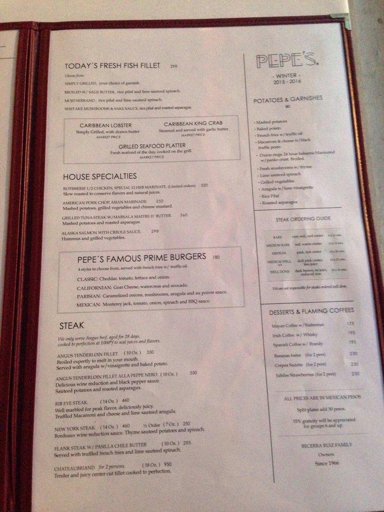 Menu at Pepe's Grill steakhouse, San Miguel de Cozumel, Av. Rafael E.  Melgar 201