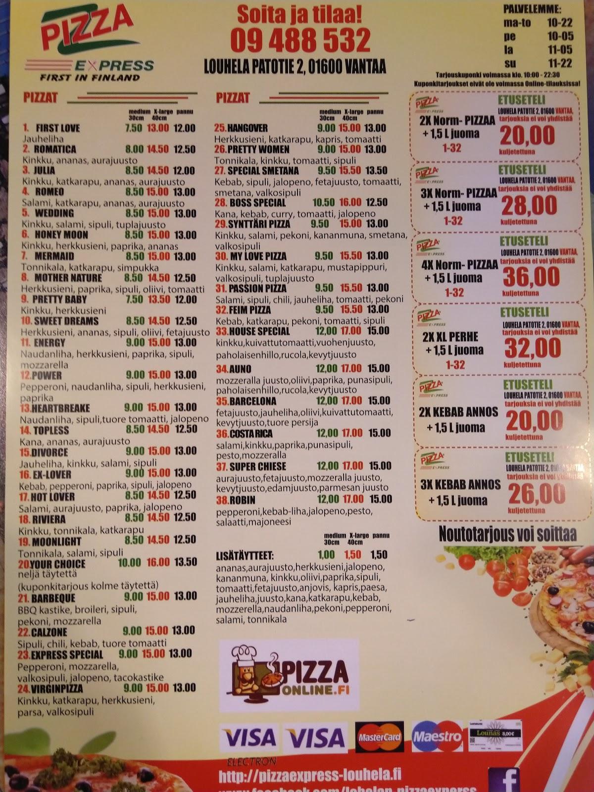 Menu at Pizza Express Louhela restaurant, Vantaa, Louhela Railway Station