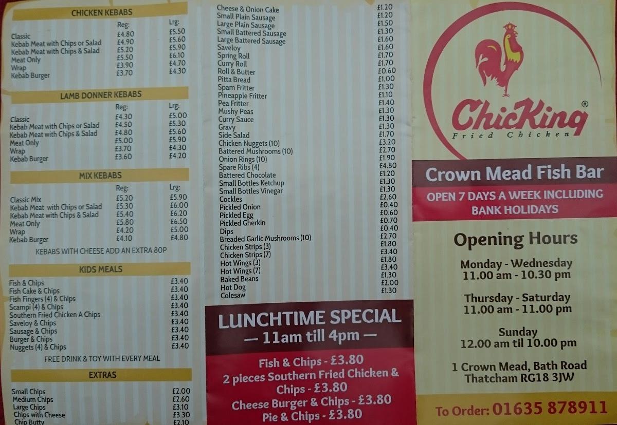 Menu at Crown Mead Fish Bar (Chick King), Thatcham