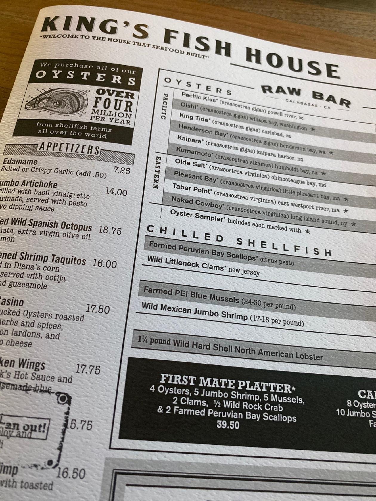 Menu at King's Fish House pub & bar, Calabasas