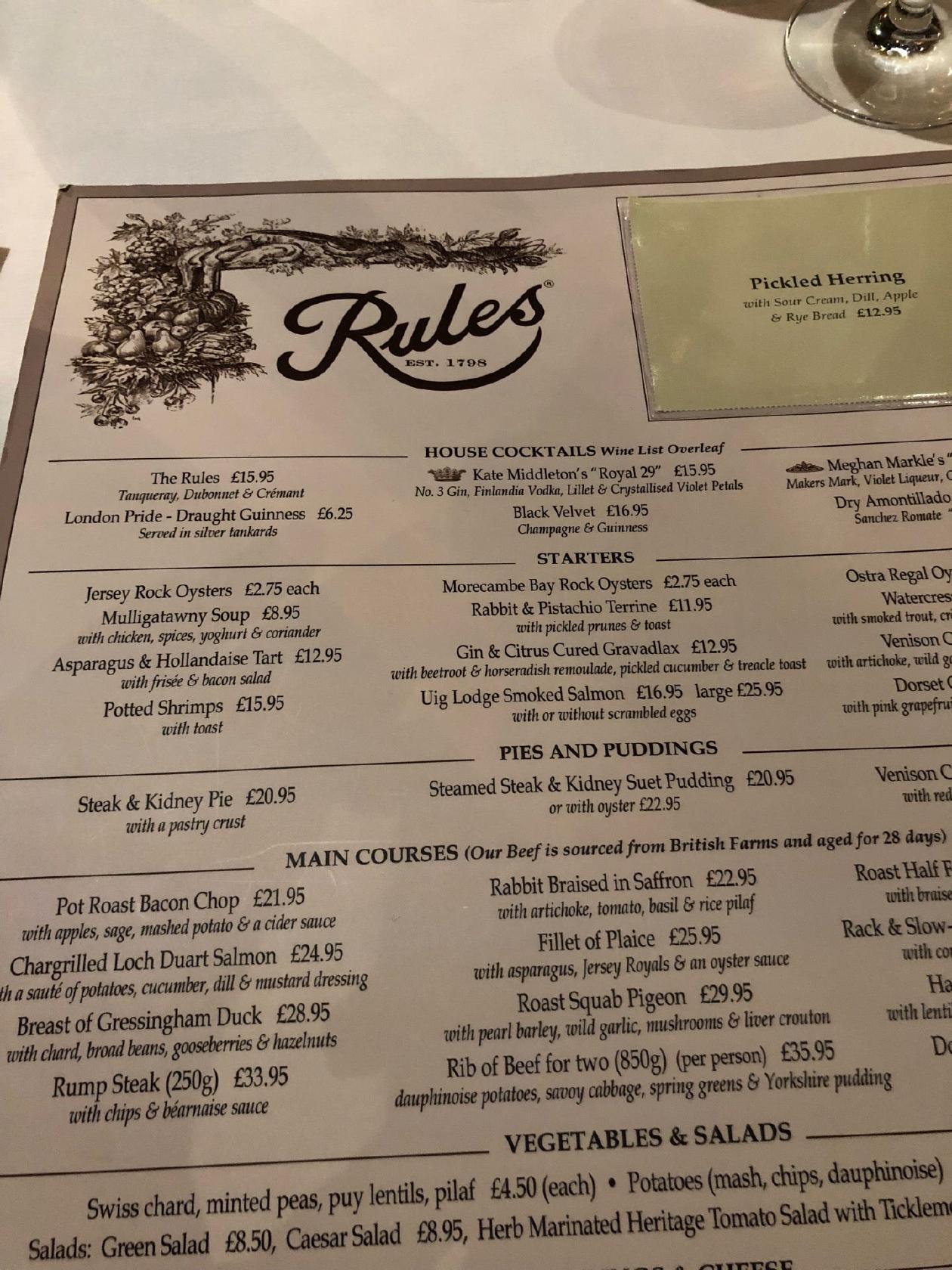 Menu at Rules pub & bar, London