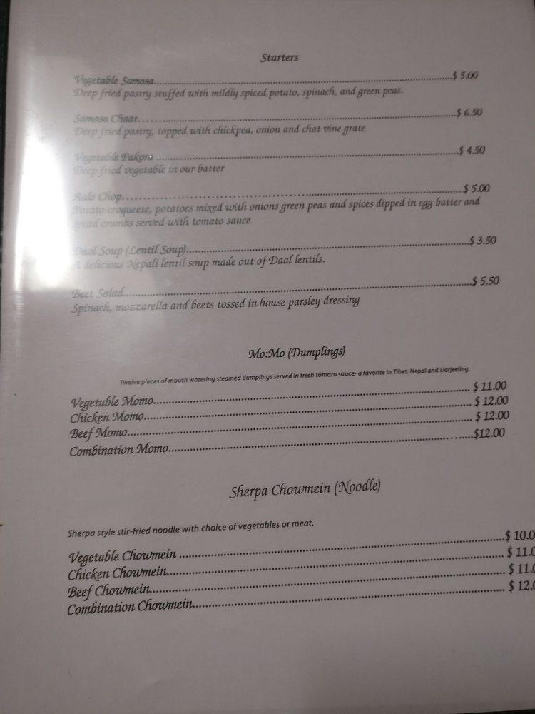 Menu at Sherpa Kitchen restaurant, Burlington