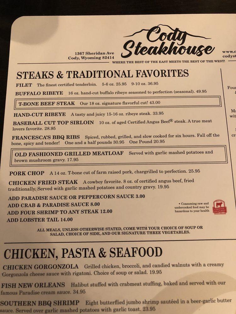 Menu at Cody Steakhouse, Cody