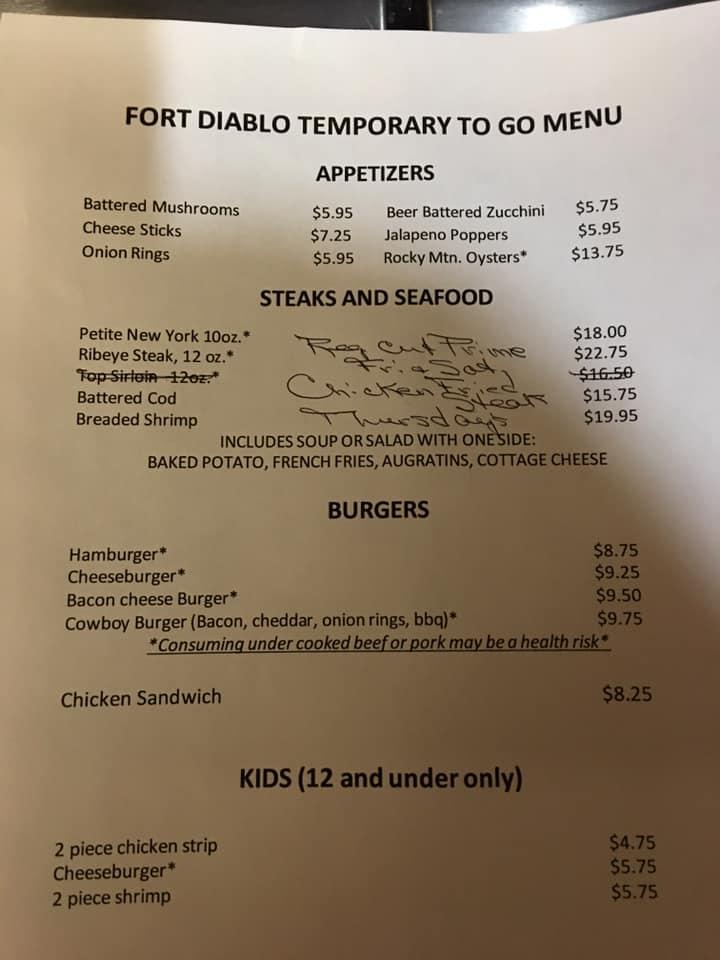 Menu at Frank's Fort Diablo steakhouse, Glenrock, US87
