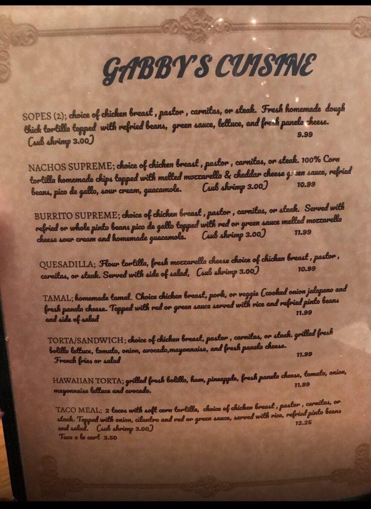 Menu at Gabby's Cuisine restaurant, Murphys