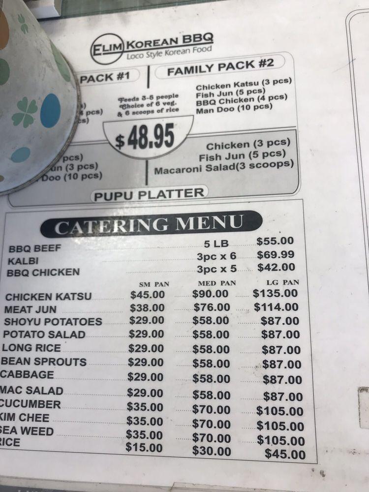 Menu at Elim Korean Barbeque, Ewa Beach