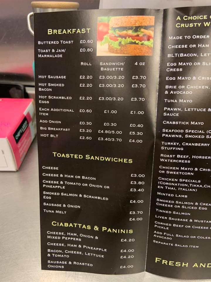 Menu at Shenfield Bakery, Brentwood