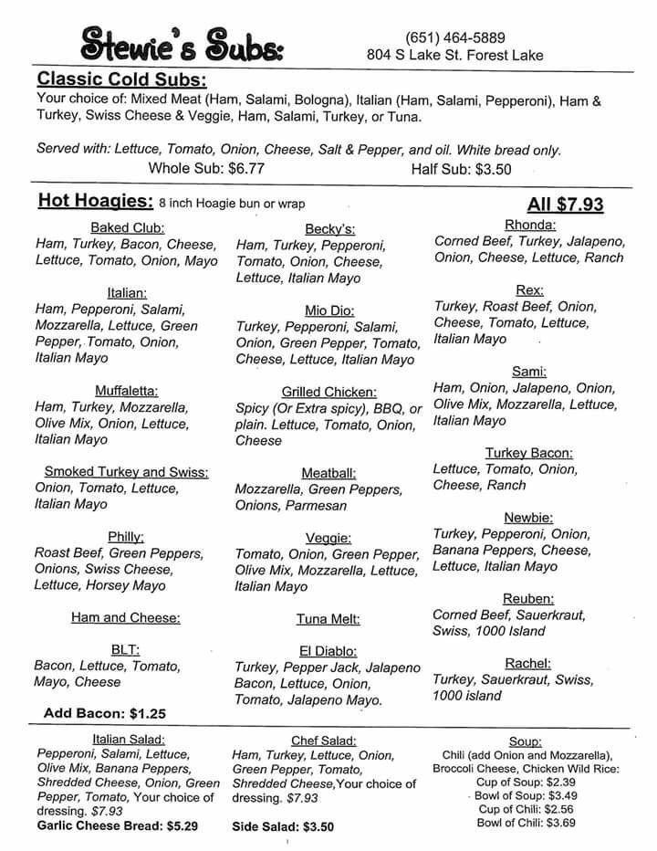 Menu at Stewie's restaurant, Forest Lake