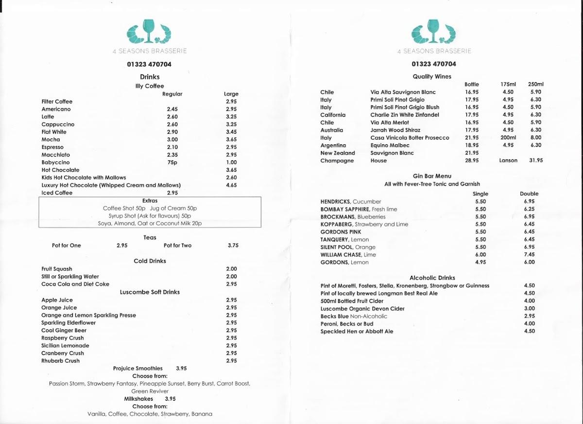 Menu at 4 Seasons Brasserie restaurant, Eastbourne