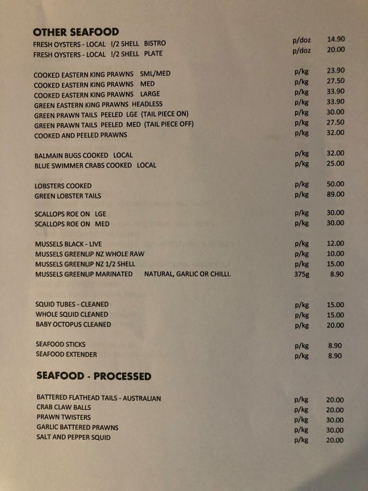 Menu at Banana Coast Seafood restaurant, Coffs Harbour