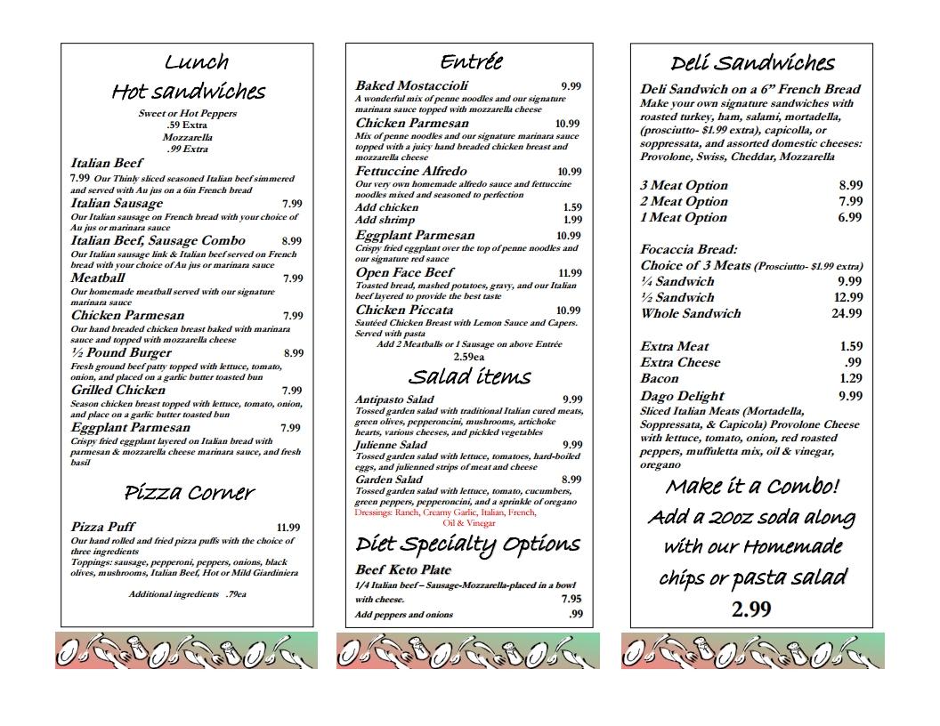 Menu at La Tavola Deli & Bakery, Coal City