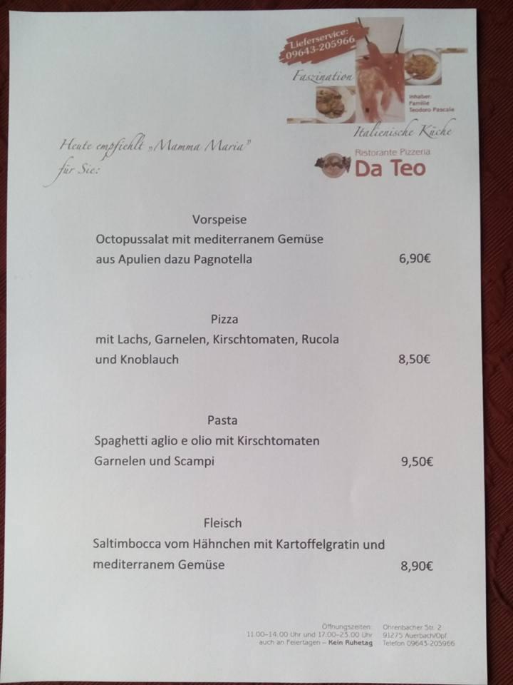 Menu at Pizzeria Da Teo, Auerbach in der Oberpfalz
